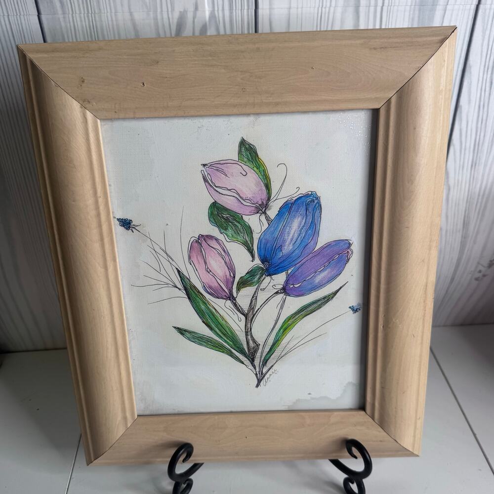Vintage Signed Tulip Art Drawing 11x14